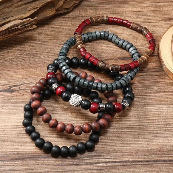 5pcs Red and Black Beads Coconut Shell Bracelets – Unisex - Picture 2 of 3